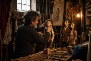 Puppeteer backstage adjusting handmade puppets in a cluttered, softly lit workshop with a humble and artisanal atmosphere.