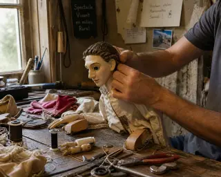 Hands of a marionette maker shaping a puppet backstage, surrounded by tools and puppet parts in a warmly lit, humble work area.